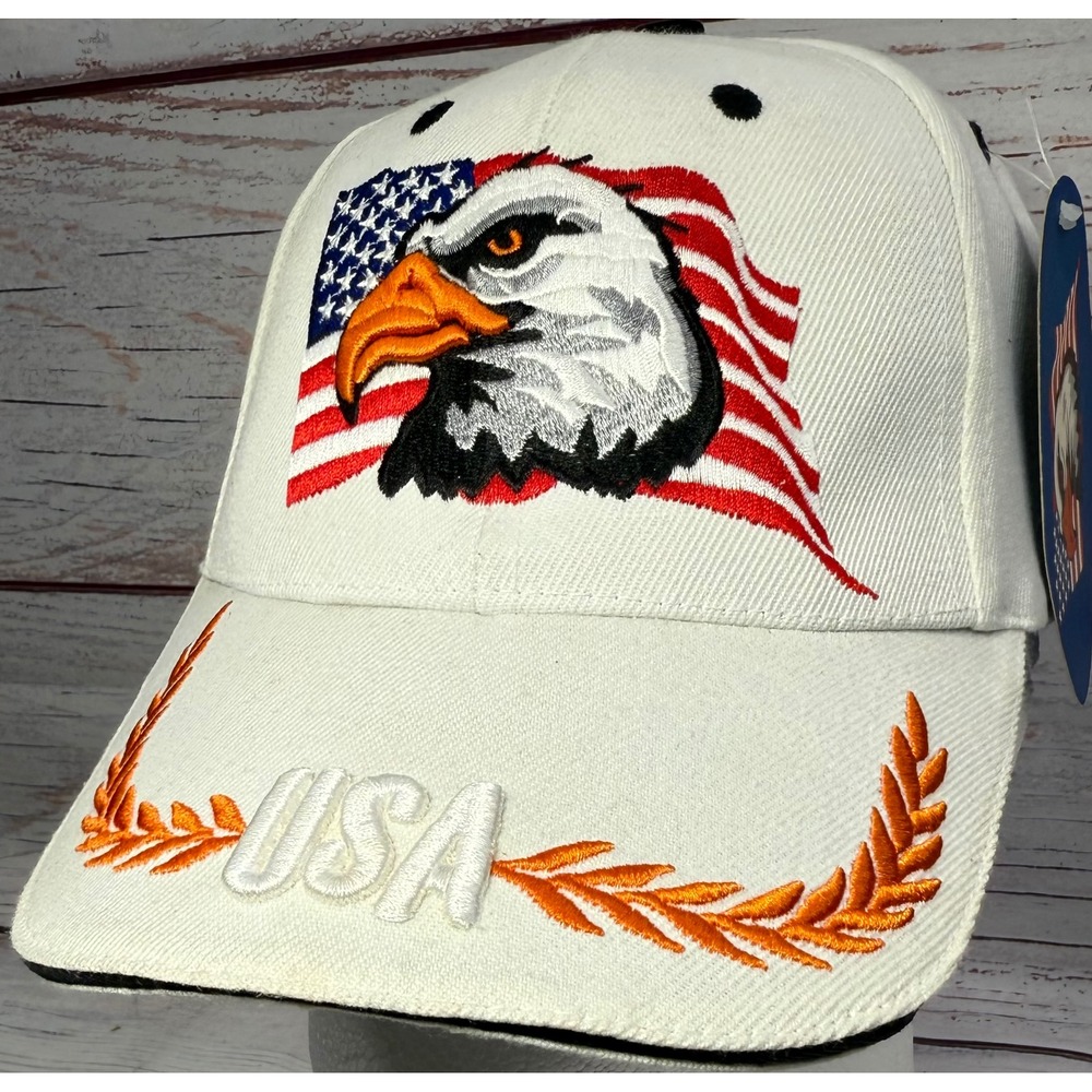 Vintage USA American Flag Baseball Cap Off White Navy Adjustable Hat Patriotic